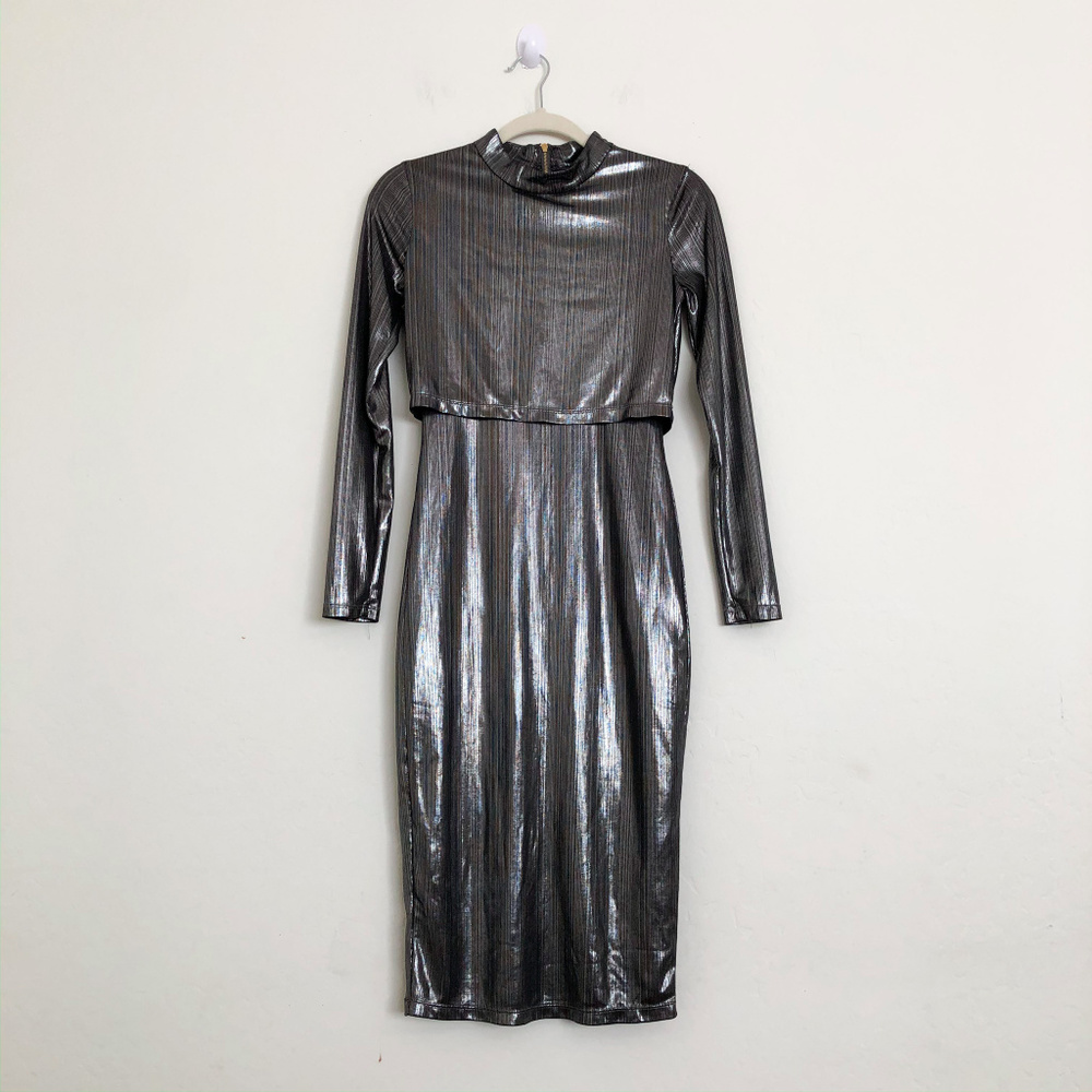 U Style Gray Metallic Long Sleeve KneeLength Dress